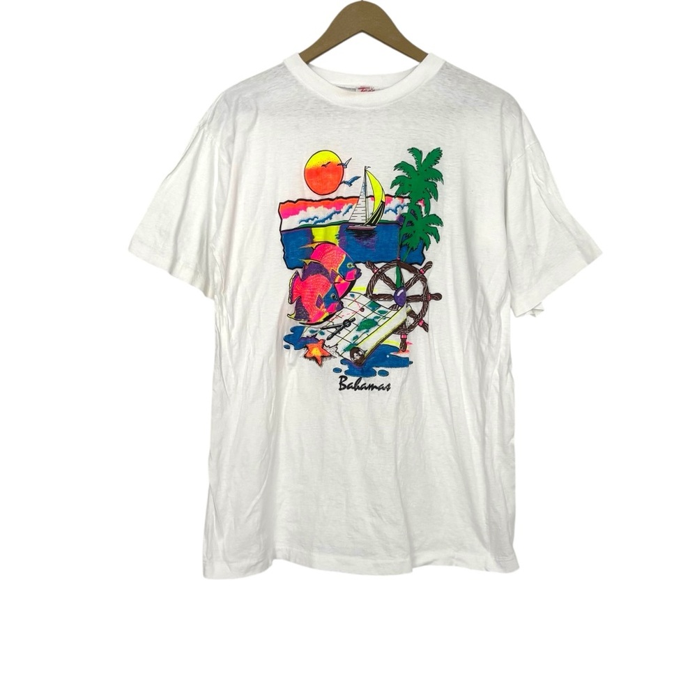 Vintage Dorsett Size XL 90s Neon Bahamas Palm Tree T Shirt White Single Stitch